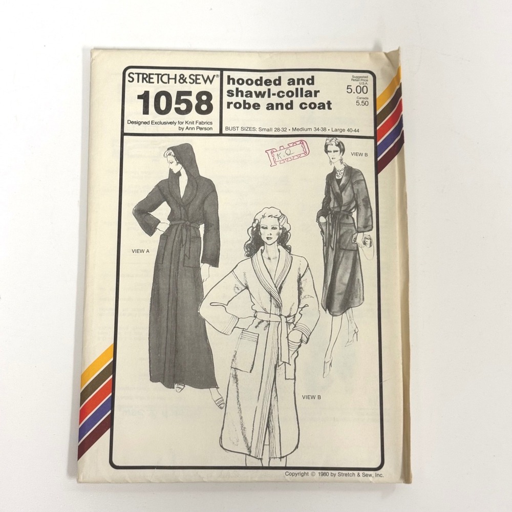 Vintage 1980 Stretch & Sew 1058 Hooded Shawl-Collar Robe Coat Pattern UNCUT